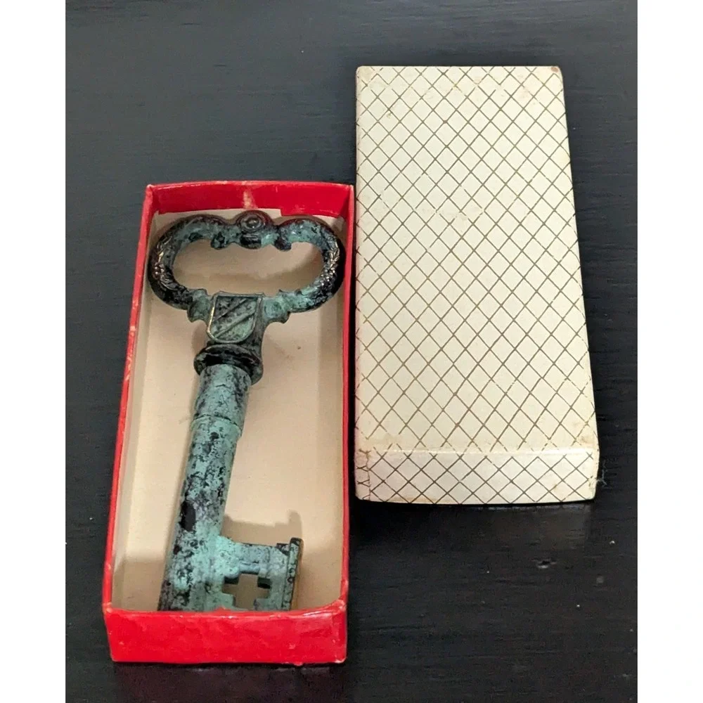 Vintage 1970s Brass Skeleton Key Corkscrew and Bottle Opener Heavily Oxidized‎